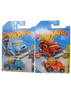 2 Hot Wheels Buns Of Steel Red & Blue Burger Truck DieCast 2018 Variat New #D-21